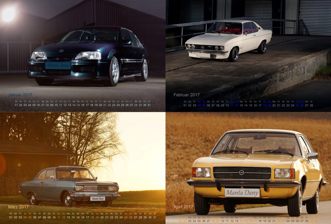 Opel-Kalender 2017 mit vier Klassikern: schwarzer Youngtimer, cremefarbener Oldtimer-Coupe, grauer Limousine und gelbem Opel-Manta in verschiedenen Jahreszeiten
