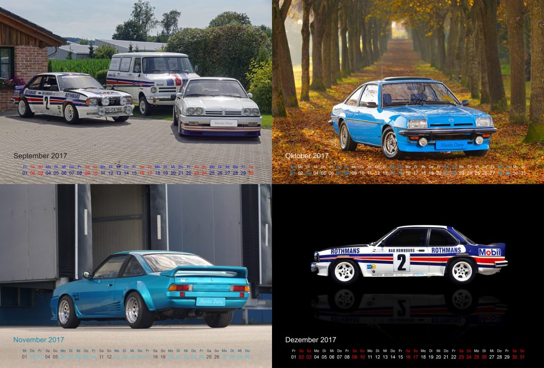 Opel Kult Kalender 2017 mit Youngtimer-Sportmodellen aus verschiedenen Jahrzehnten in Rennlackierung und Parkszenen
