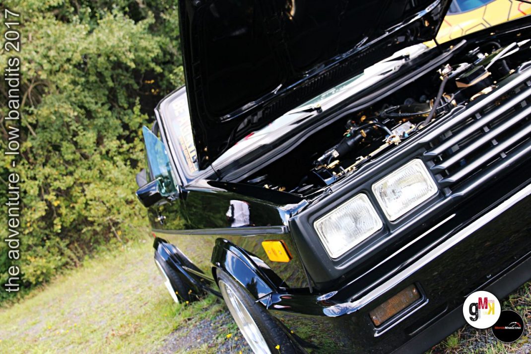 Schwarzer Oldtimer-Pickup mit offener Motorhaube bei der Low Bandits 2017 Veranstaltung, grüne Vegetation im Hintergrund