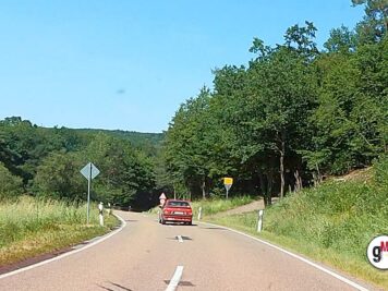 Roter Oldtimer-Kombi auf bewaldeter Landstraße während der ADAC Oldtimerfahrt Hessen-Thüringen