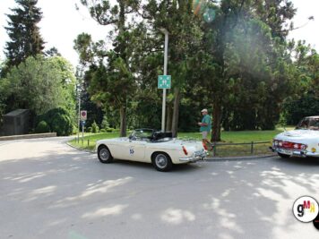 Zwei Oldtimer-Cabriolets parken in einer grünen Parkanlage, Fahrer und Beifahrer stehen daneben, im Hintergrund hohe Bäume