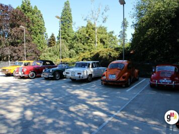 Reihe von Oldtimern auf Parkplatz bei der ADAC Oldtimerfahrt Hessen-Thüringen, darunter Cabrios und Limousinen aus verschiedenen Jahrzehnten