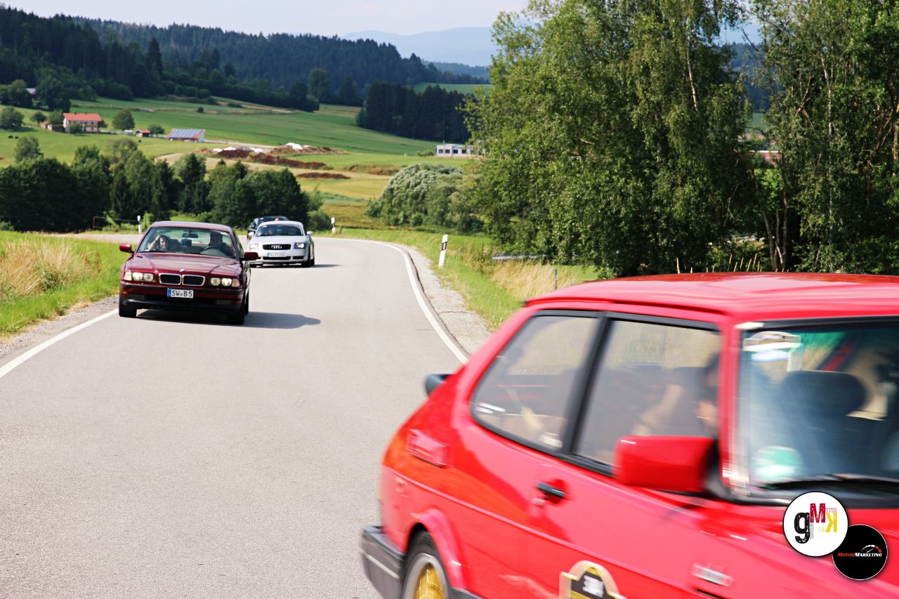 Mehrere Youngtimer-Fahrzeuge fahren auf einer Landstraße durch hügelige Landschaft mit Feldern und Wald