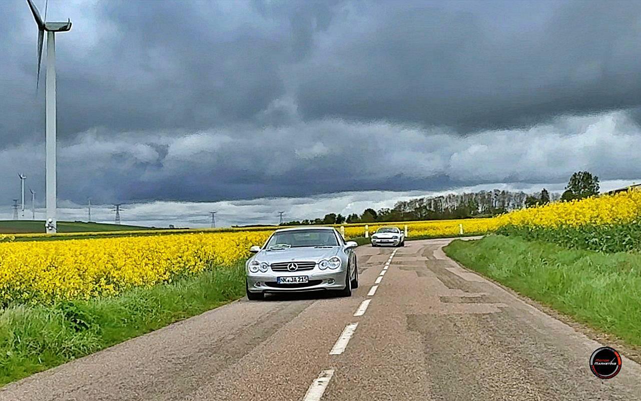 Mercedes-Benz Sportwagen fährt auf Landstraße durch Rapsfeld während ADAC Youngtimer-Tour im Saarland